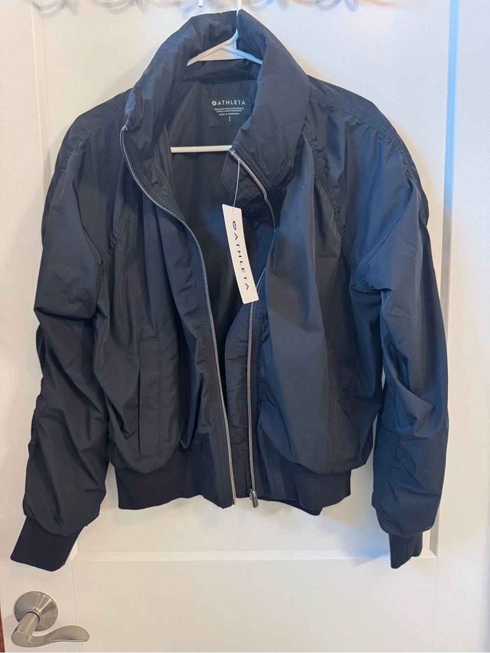 Athleta Black Jetsetter Zip-Front Lightweight Bomber Jacket with Hood NWT